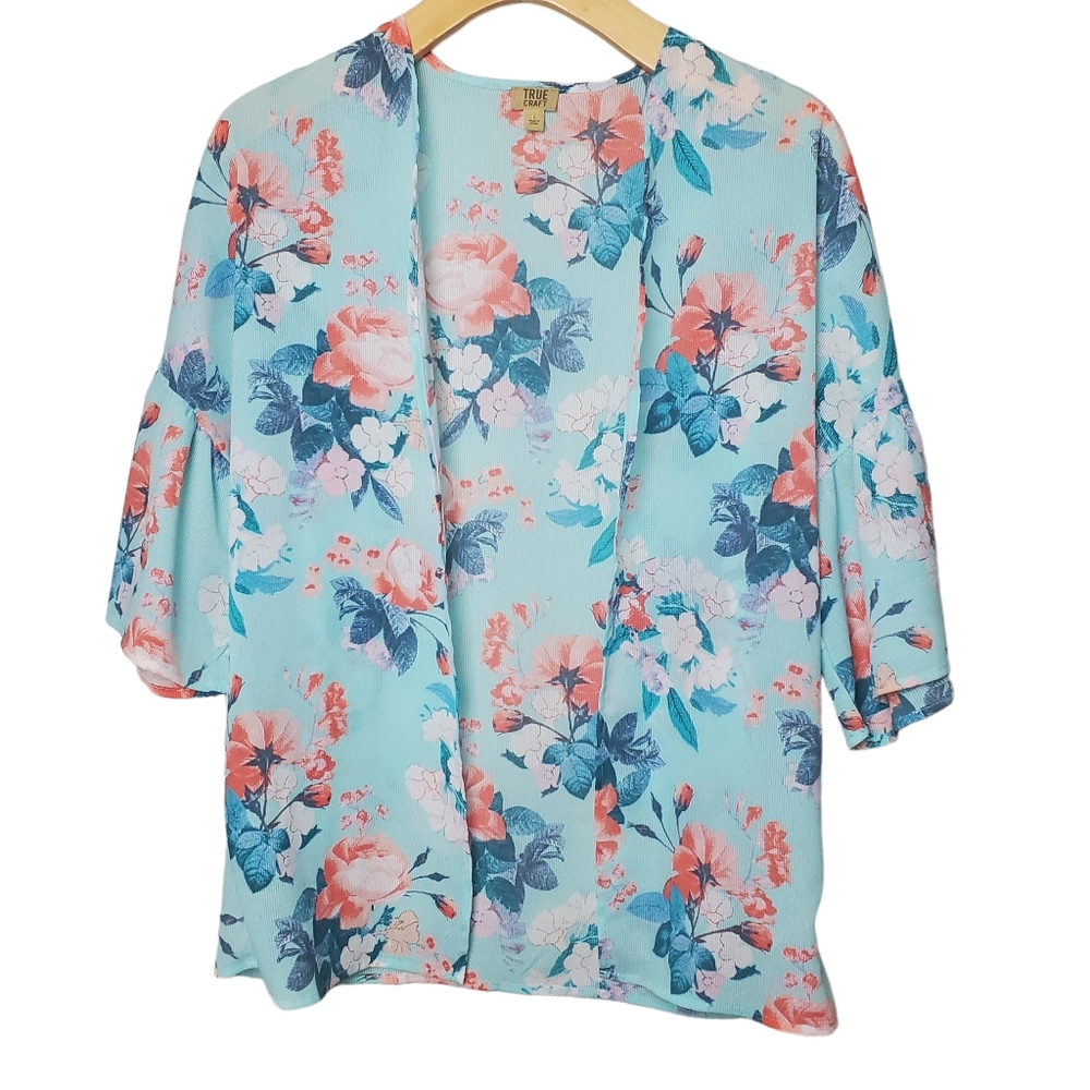 True Craft | Floral Kimono Shawl | Lightweight Blue Pink White | L